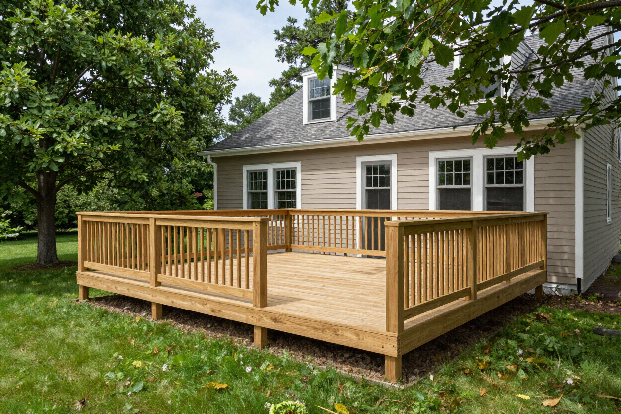 Newly built custom deck attached to a Vermont home