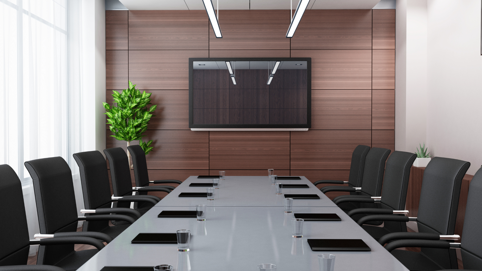 Modern conference room with a long table, black chairs, wall-mounted TV, and potted plants.
