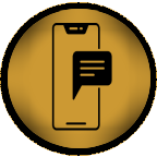 A black smartphone icon with a speech bubble overlaid on it, set inside a gold circular badge.