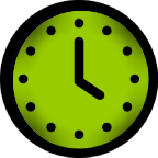 A lime green wall clock with black hands showing approximately 4:20.