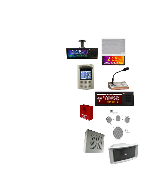 A collection of school safety and mass notification devices, including digital clocks, displays, speakers, and a microphone.