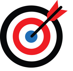 A bullseye target with red and white rings, a solid blue center, and a single arrow embedded in the middle.