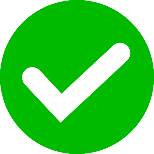 A white checkmark symbol centered inside a solid green circle.
