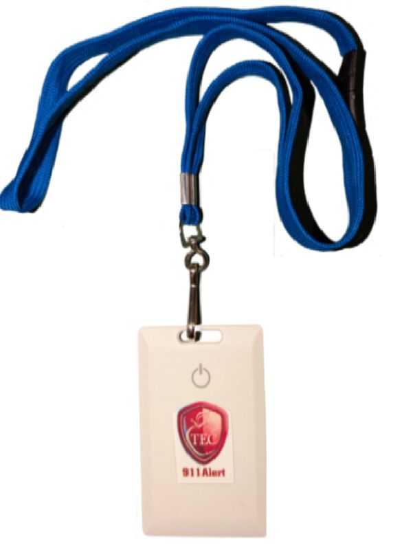 A white 911Alert emergency pendant on a blue lanyard with a power button icon and red shield logo.