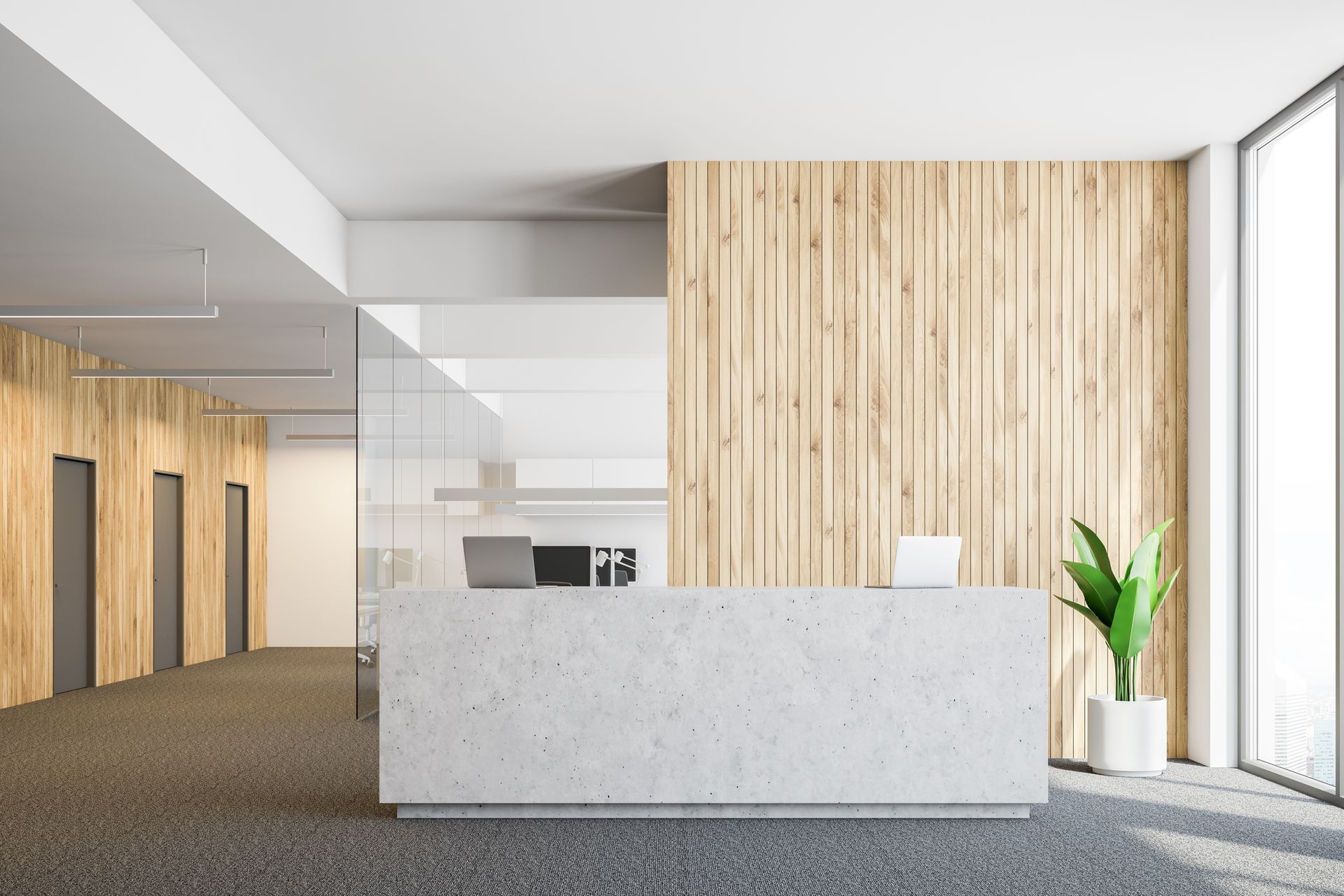 Modern office reception area featuring a concrete desk, light wood-paneled walls, and a green plant. Modern office reception area featuring a concrete desk, light wood-paneled walls, and a green plant.
