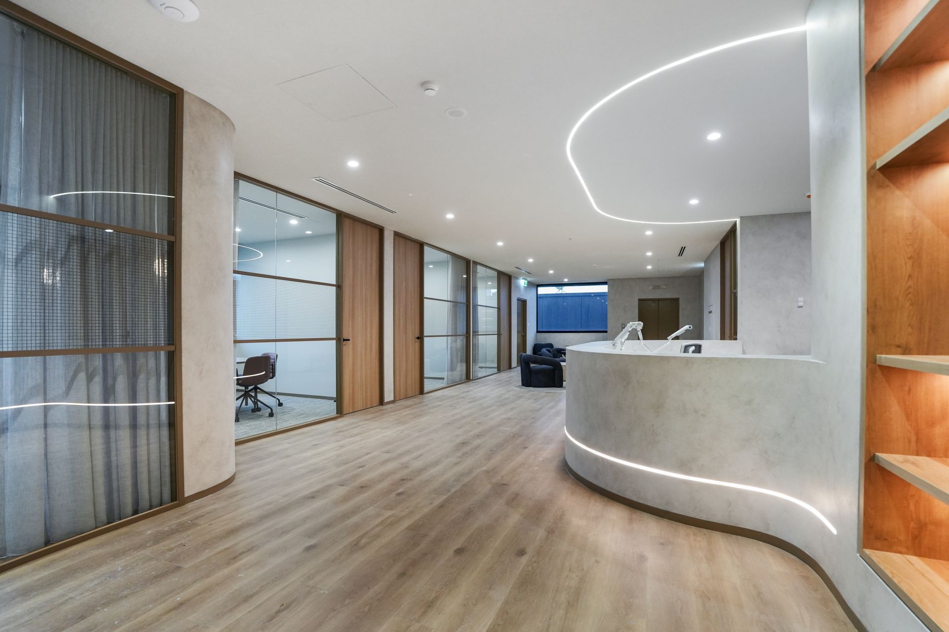 Modern office reception area featuring a concrete desk, light wood-paneled walls, and a green plant.