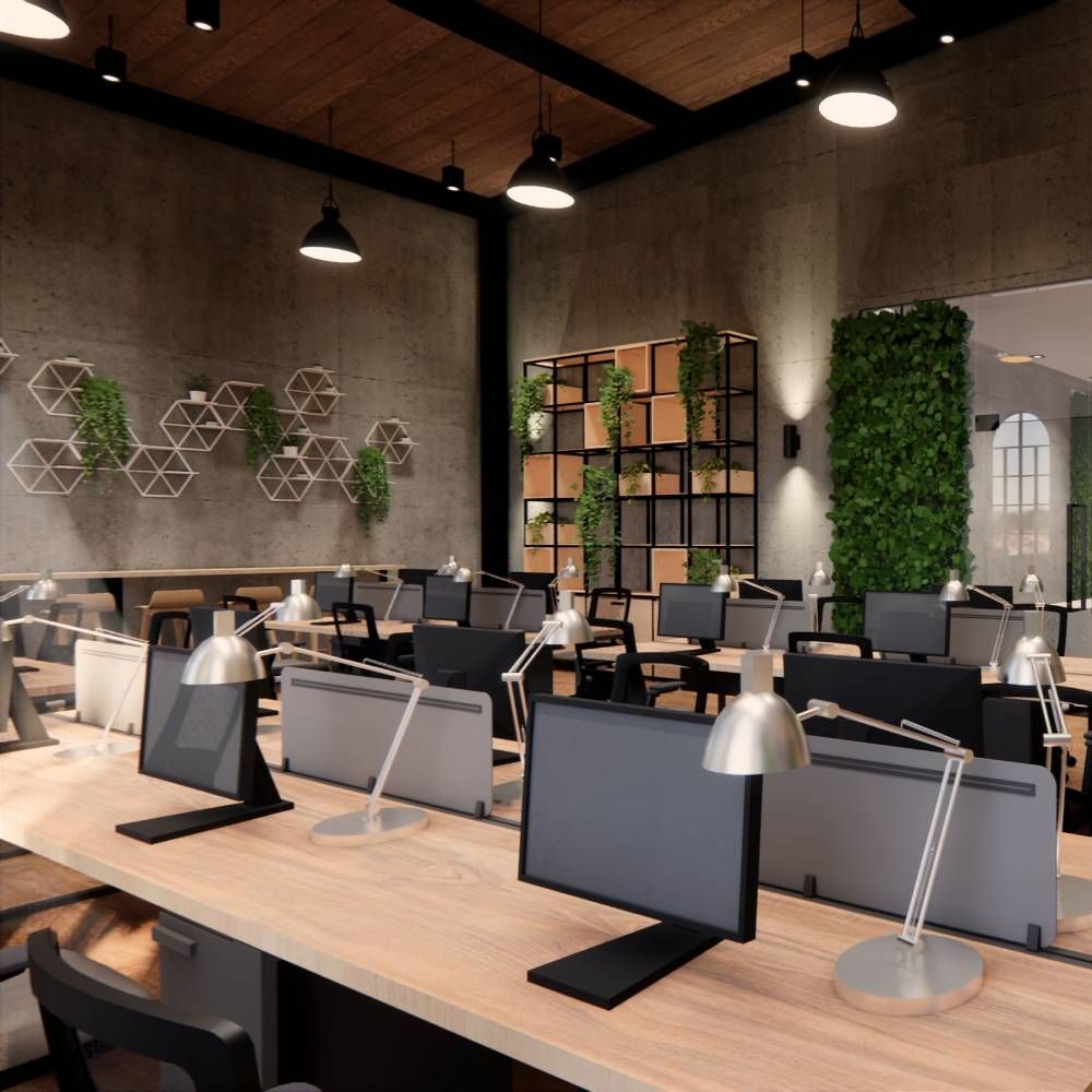 Modern open-plan office with wooden desks, computer monitors, industrial lighting, and living wall accents.