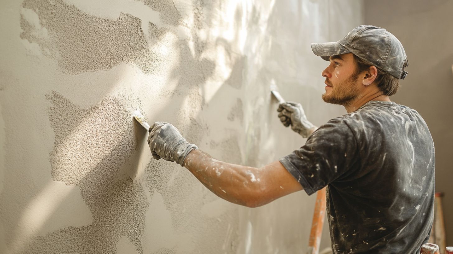 A worker in a cap and gloves uses putty knives to apply plaster to a textured wall.