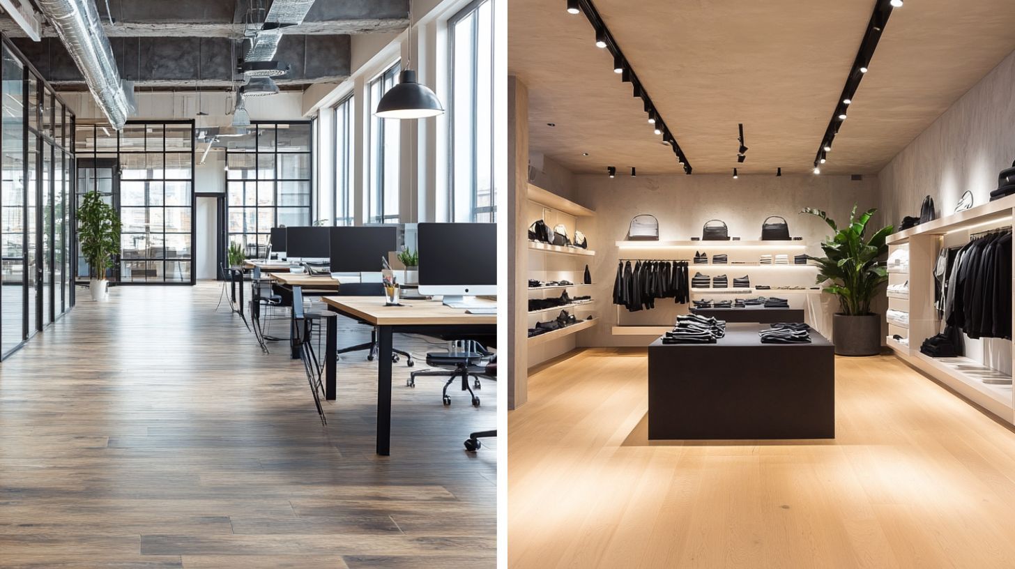 Split view showing a modern office workspace on the left and a minimalist retail clothing store interior on the right.
