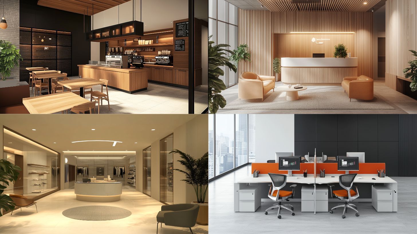 A collage of four modern office interior scenes, featuring a coffee station, a reception area, a lounge, and workstations.