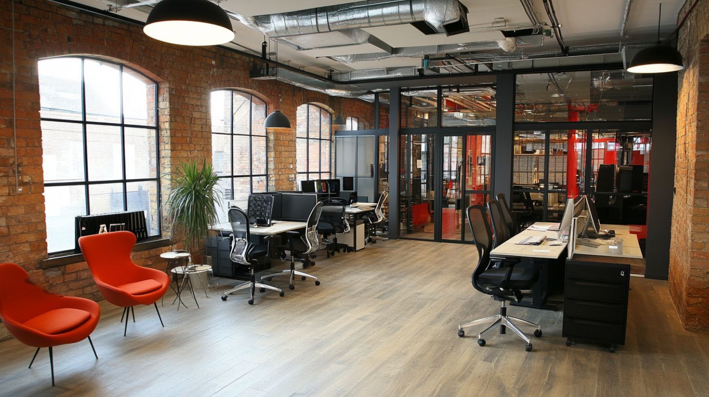Modern office with industrial brick walls, large windows, two orange armchairs, and desks with rolling chairs.