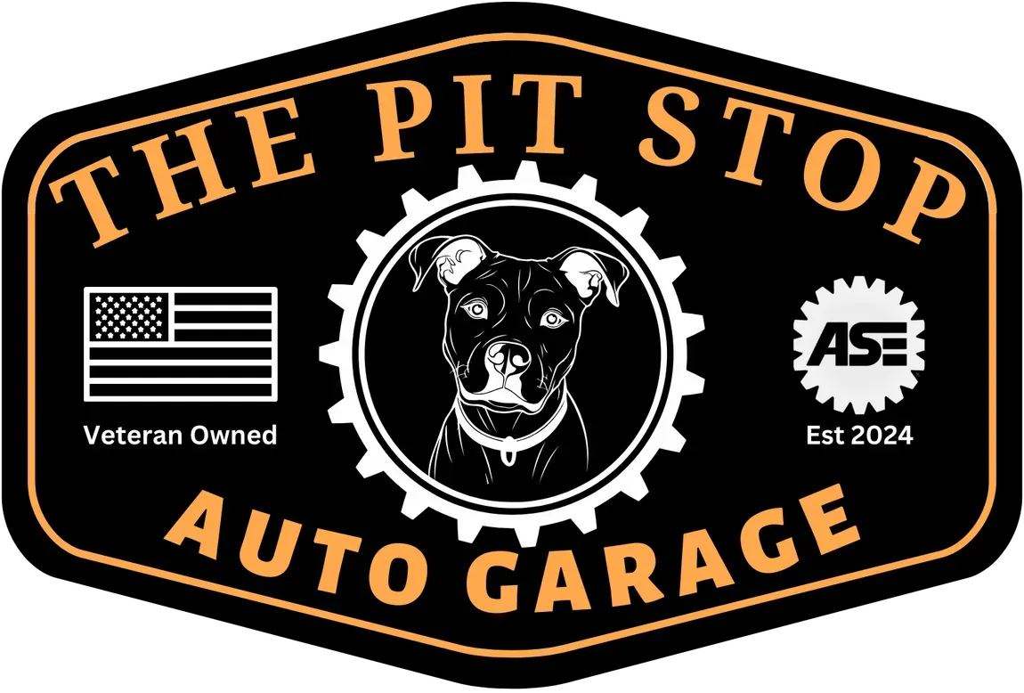The Pit Stop Auto Garage logo with a dog in a gear, orange-and-black badge, veteran owned, ASE est. 2024