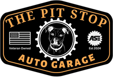 The Pit Stop Auto Garage logo with a dog in a gear, orange-and-black badge, veteran owned, ASE est. 2024