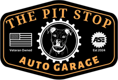 The Pit Stop Auto Garage logo with a dog in a gear, orange-and-black badge, veteran owned, ASE est. 2024