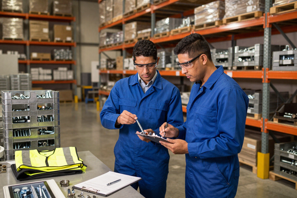 Ingenieros latinoamericanos revisando torniller&iacute;a industrial en almac&eacute;n moderno