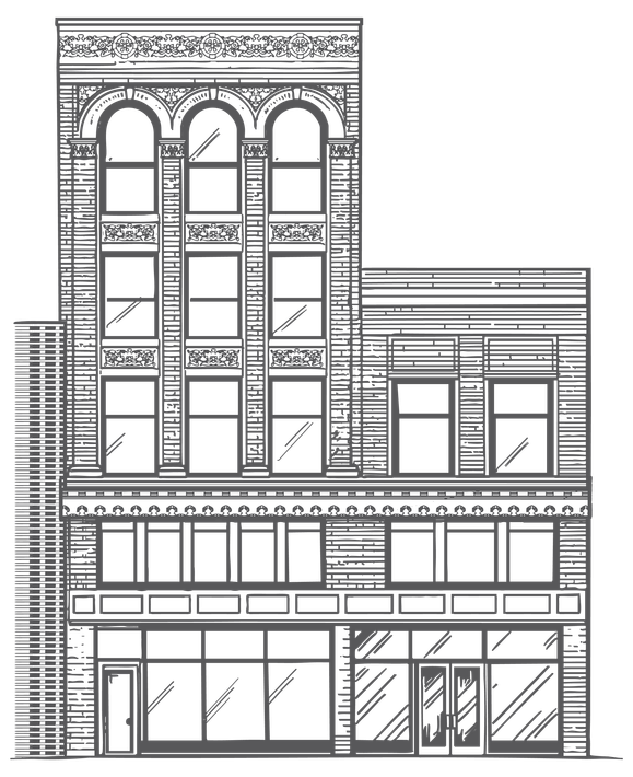Black-and-white sketch of a multi-story storefront building with large windows and decorative upper facade.
