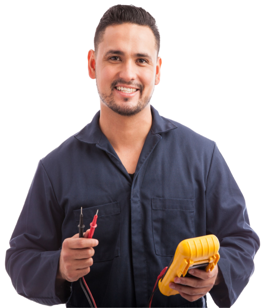 A male electrician holding some electrical cables.