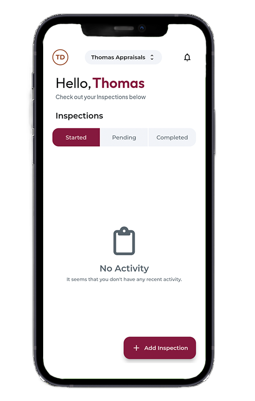 Mobile app screen with greeting to Thomas, invoice tabs, no activity message, and a maroon “Add invoice” button