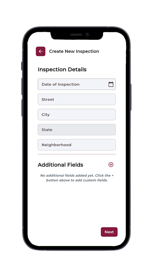 Mobile app form for creating a new inspection with text fields and a submit button on a phone screen
