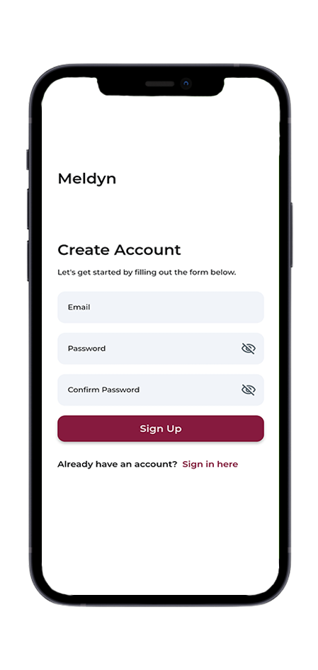 Mobile app sign-up screen with name, email, and password fields, and a maroon “Sign up” button.