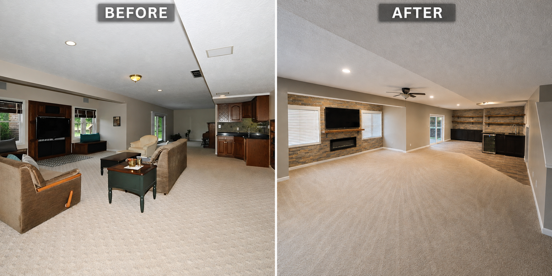 Before and after views of a basement living area remodel