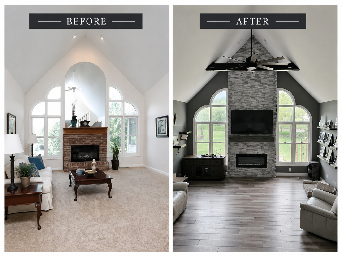 before and after white stone fireplace feature wall with wood and mantel electric fireplace
