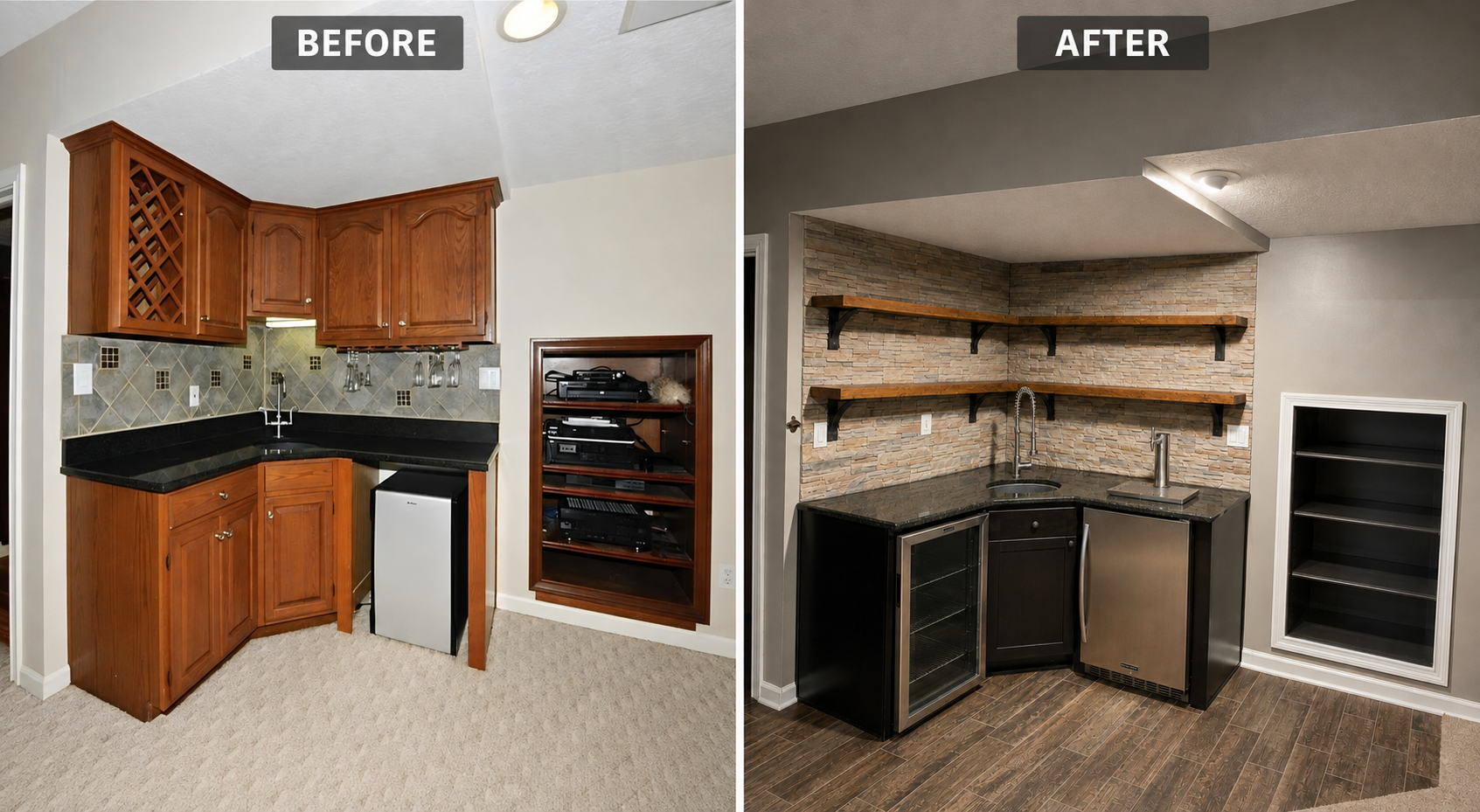 Before and after views of a remodeled basement bar