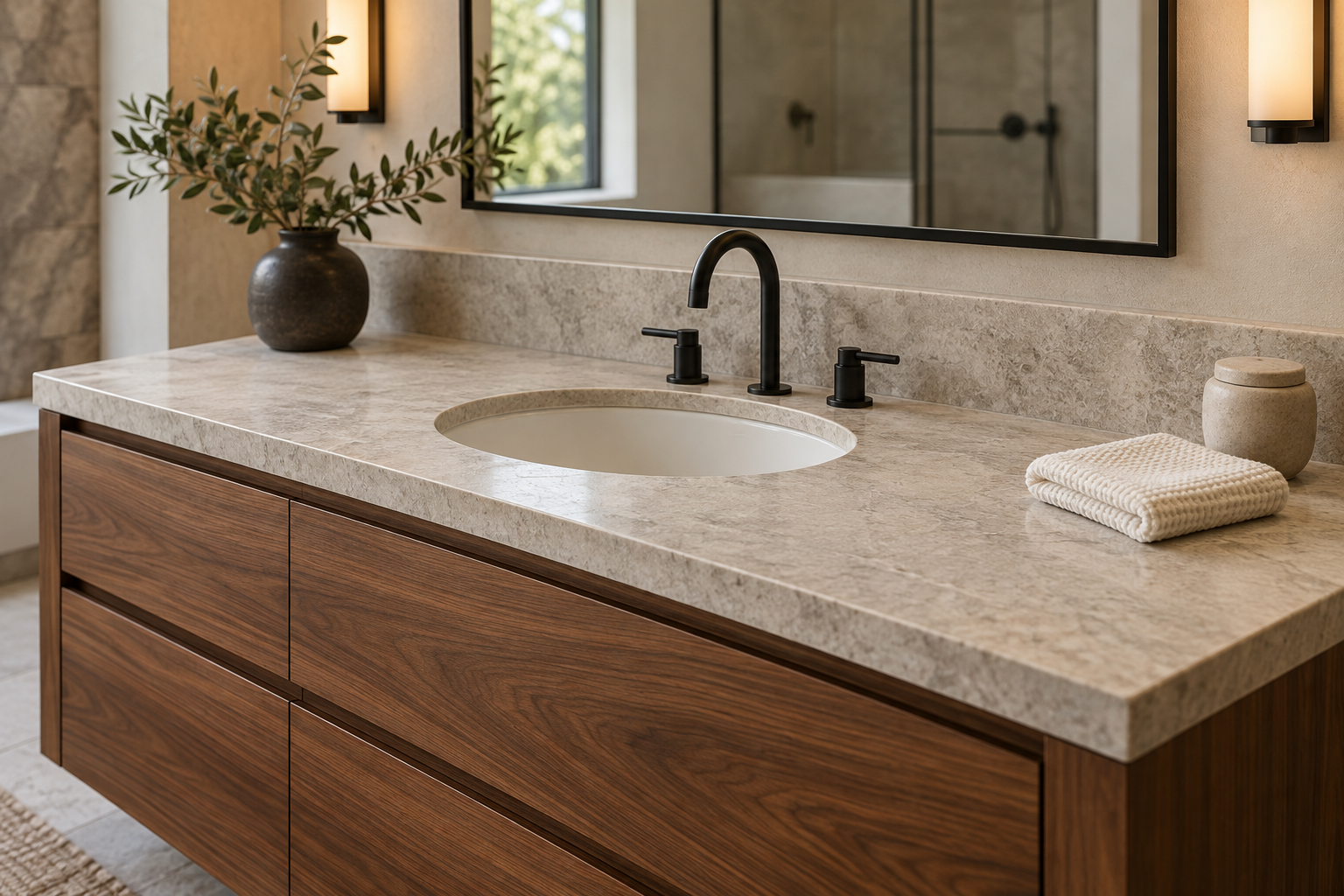 Walnut bathroom vanity with a stone-look countertop, undermount sink, matte black faucet, and wall sconces.