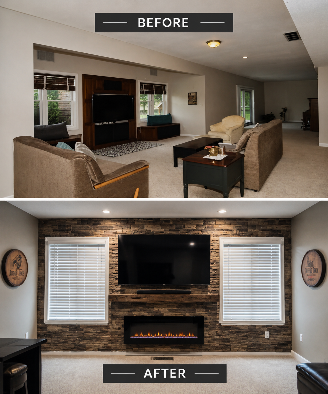 before and after floor to ceiling stone fireplace remodel in Fishers, Indiana
