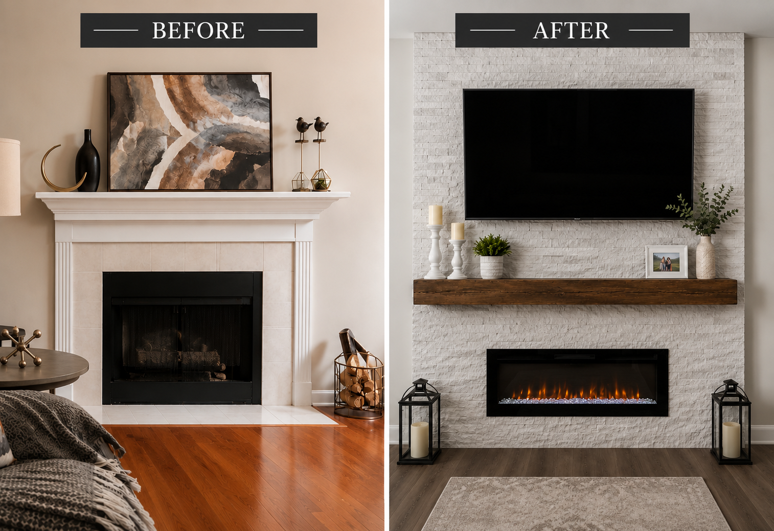 before and after dark stone entertainment wall with electric fireplace, mantel and mounted television
