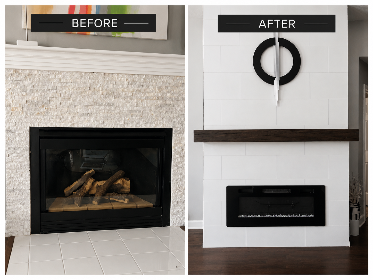 before and after modern white tile fireplace remodel with floating wood mantel