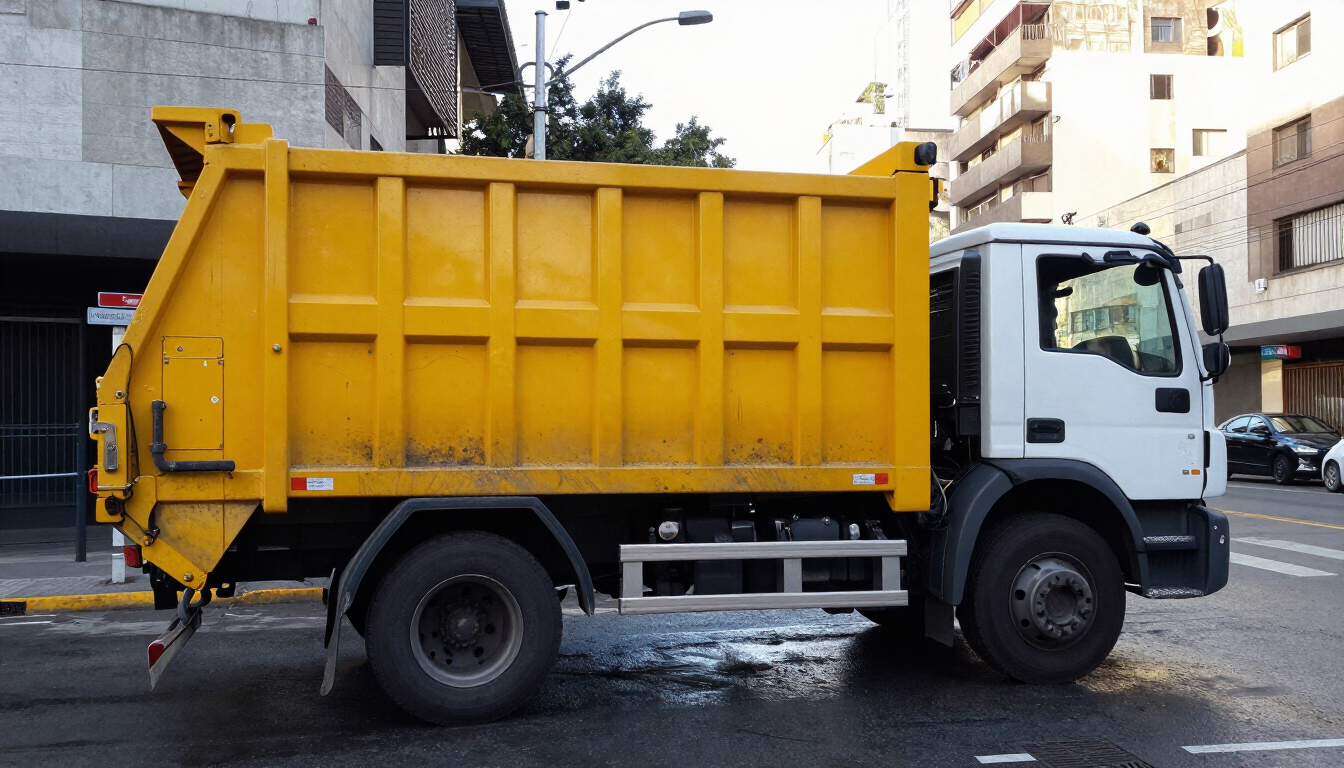 Camión amarillo de basura aparcado en una calle mojada de la ciudad, junto a unos edificios