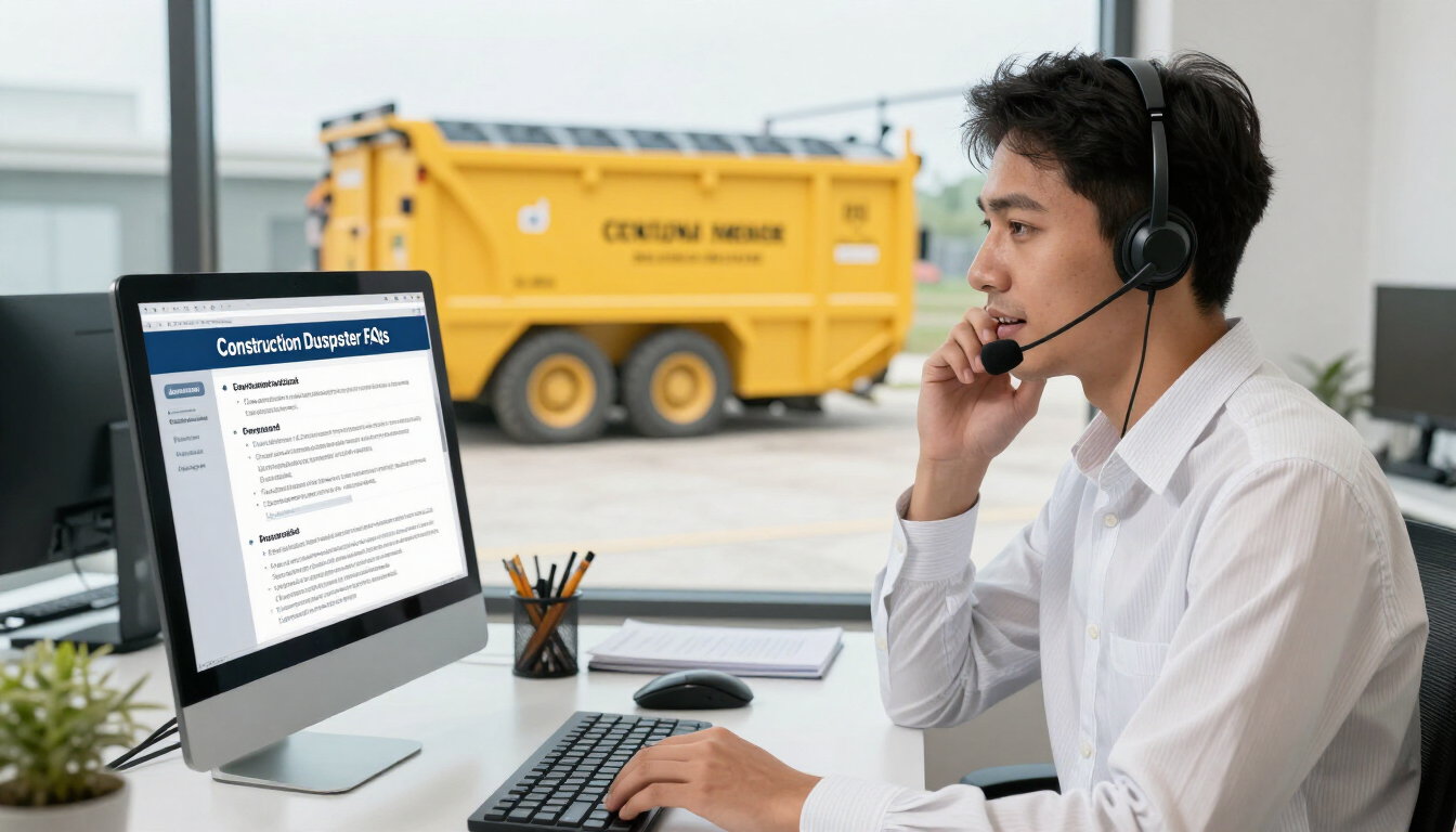 Agente de atención al cliente con auriculares en un escritorio, vigilando un ordenador con un camión amarillo.