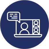 An icon of a person talking on a laptop with a speech bubble.