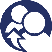 A blue circle with a person and a lightning bolt inside of it.