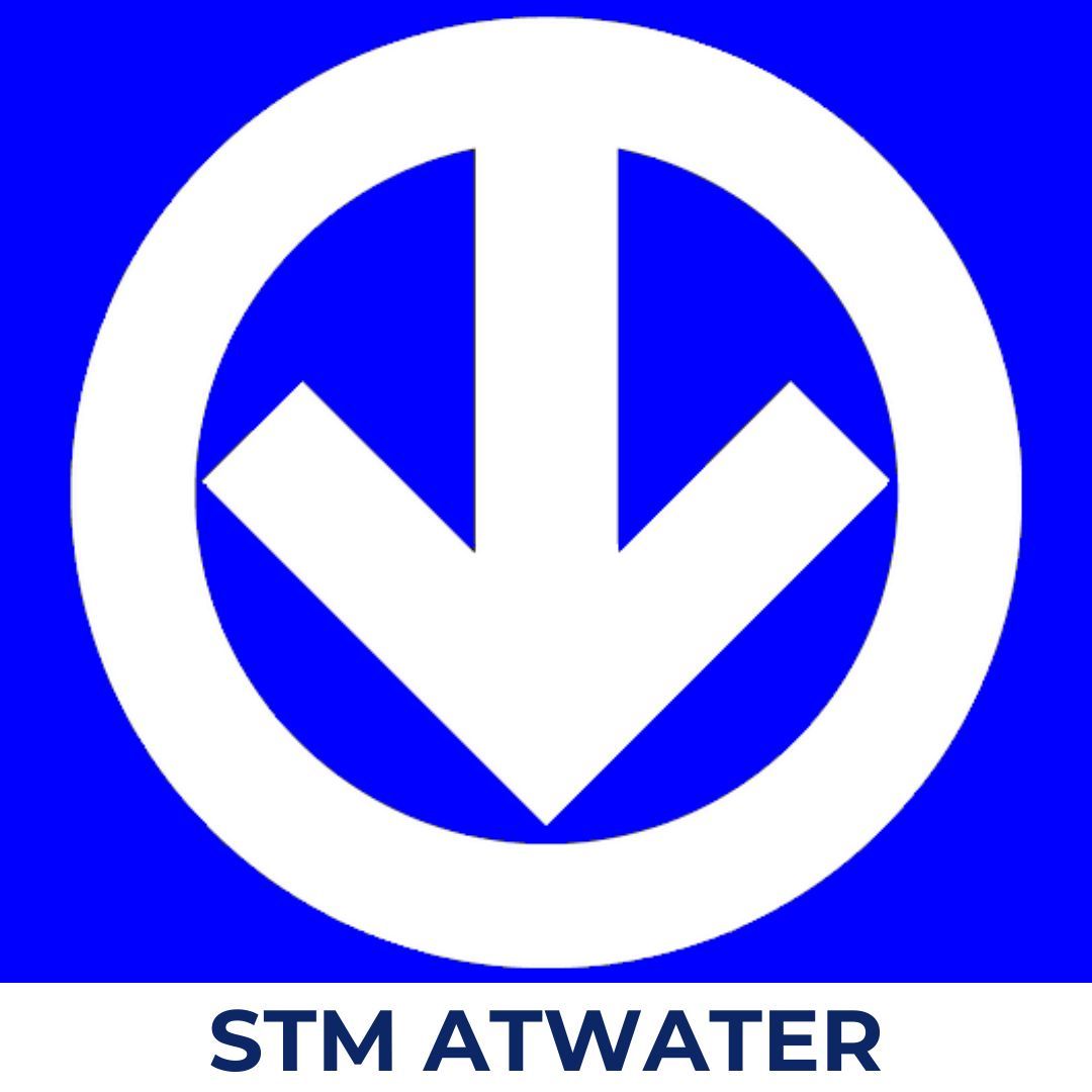 Un logo bleu et blanc pour stm atwater
