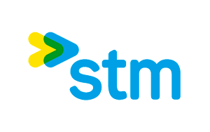 Un logo bleu et jaune pour une entreprise appelée stm