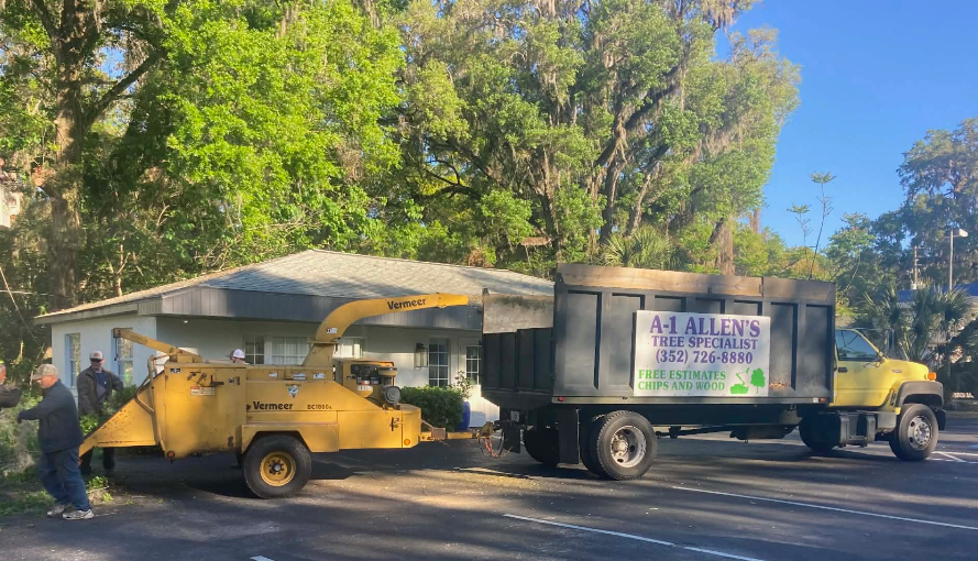 Yellow utility trucks parked along a leafy residential street near a house