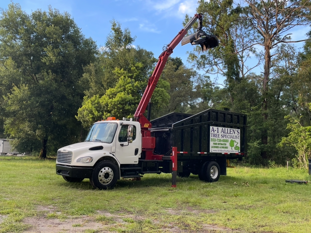 White truck with red crane and black dump bed in a grassy field under trees and blue sky