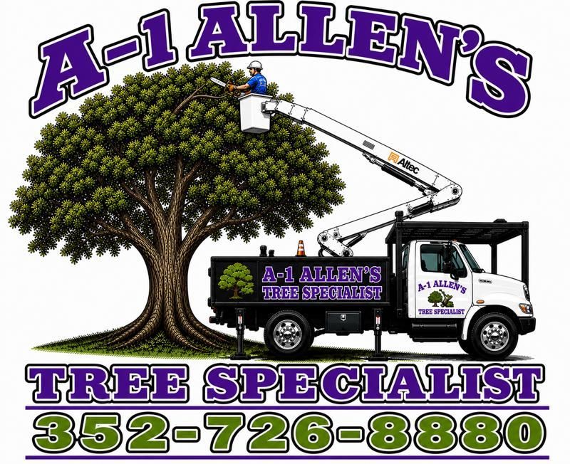 A-1 Allen&rsquo;s Tree Specialist logo with tree, bucket truck, and phone number 352-726-8880