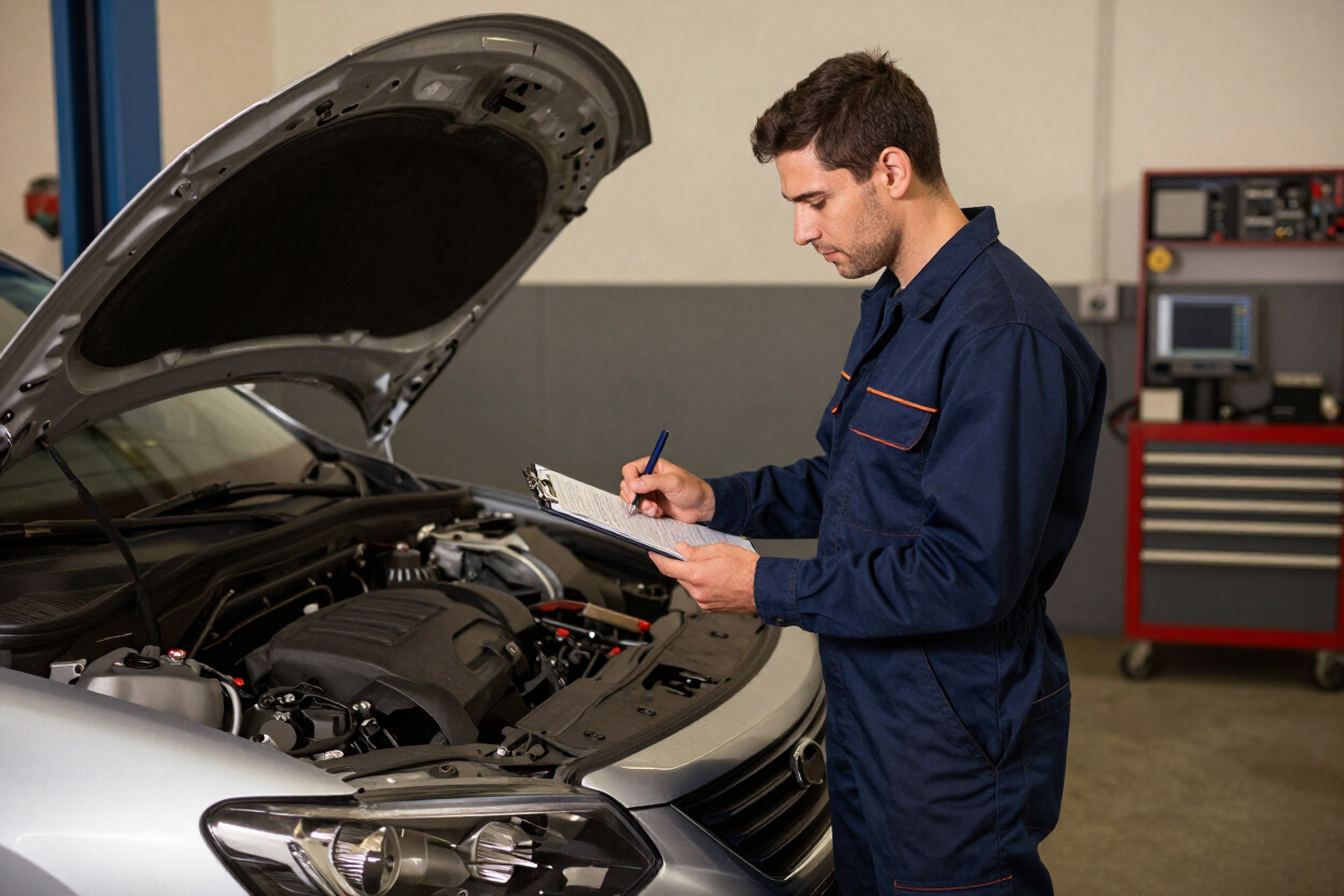 Mechanic writing on clipboard beside open car hood in an auto repair shop