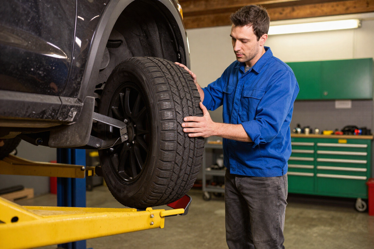 Mechanic inspecting a car tire on a lift in an auto garage