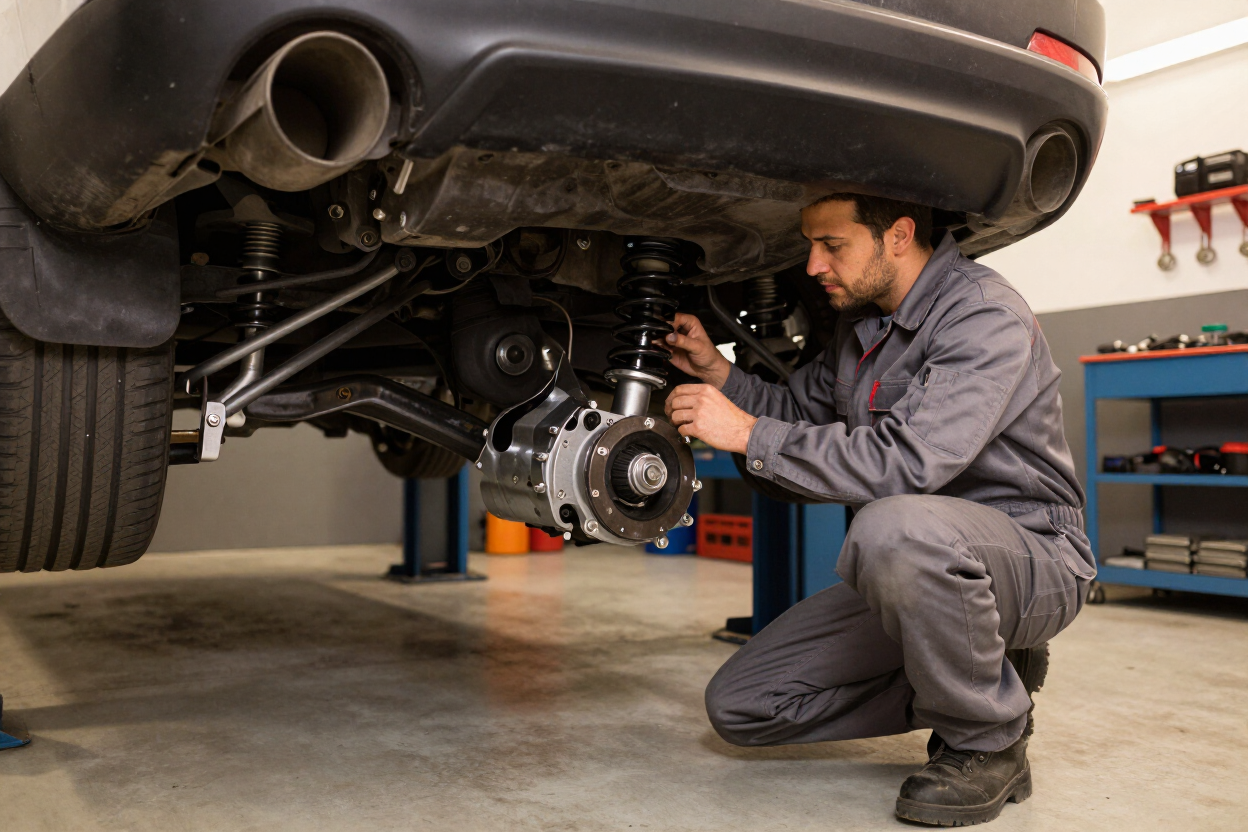 Mechanic inspecting car's rear brake and suspension in a garage with the vehicle lifted on a hoist