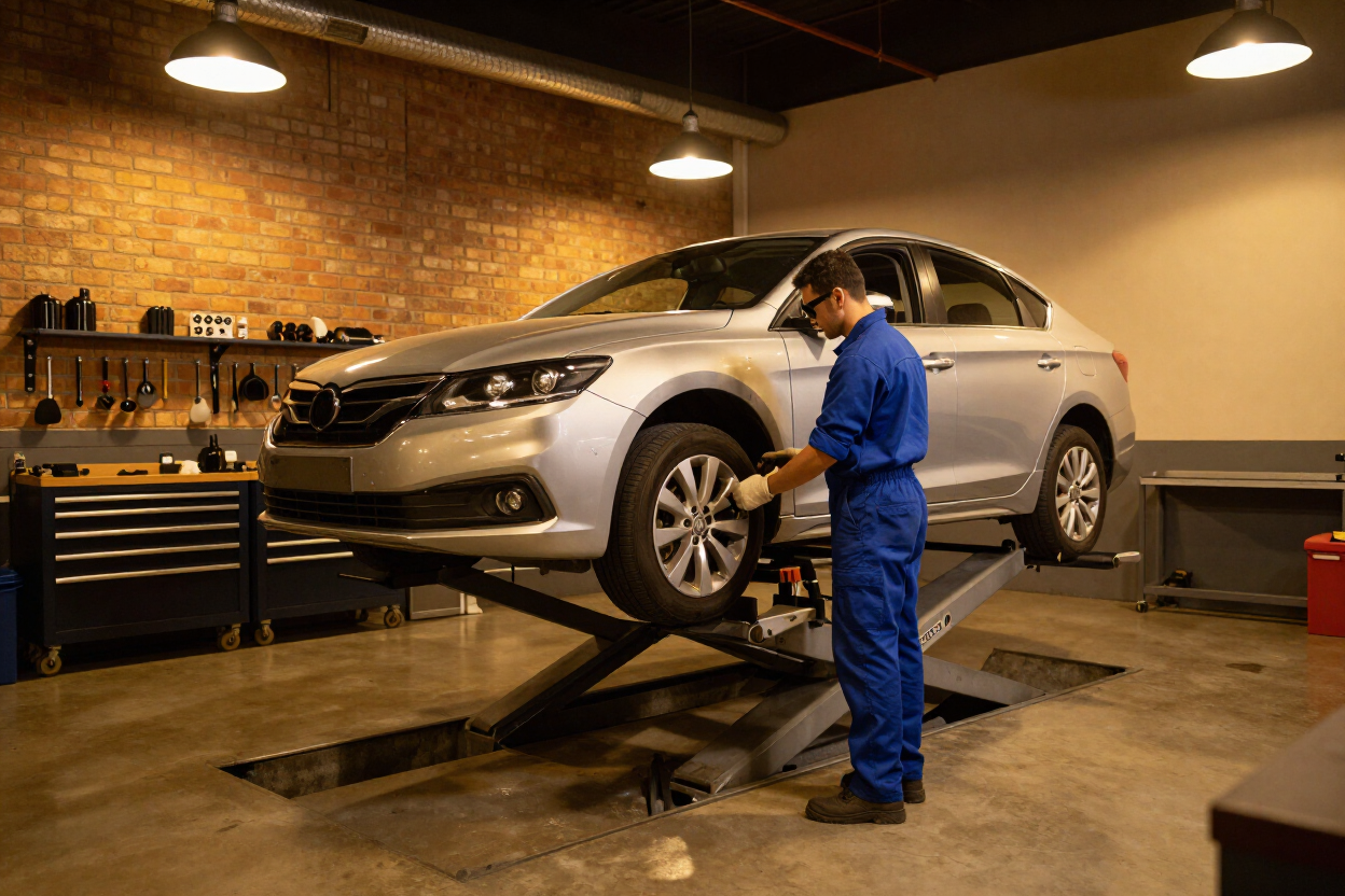 Silver sedan on a lift in an auto shop, with a mechanic in blue coveralls inspecting the wheel.