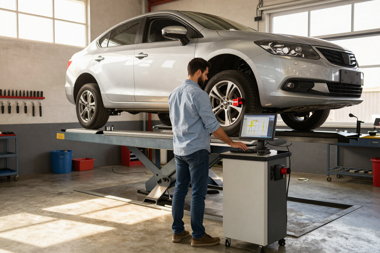 Mechanic inspecting a silver SUV on a lift in an auto repair shop