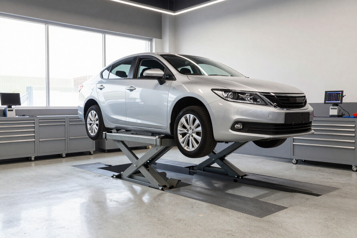Silver sedan on a hydraulic lift in a bright auto repair shop