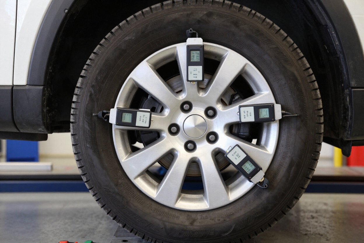 Car wheel with four alignment sensors attached in an auto shop