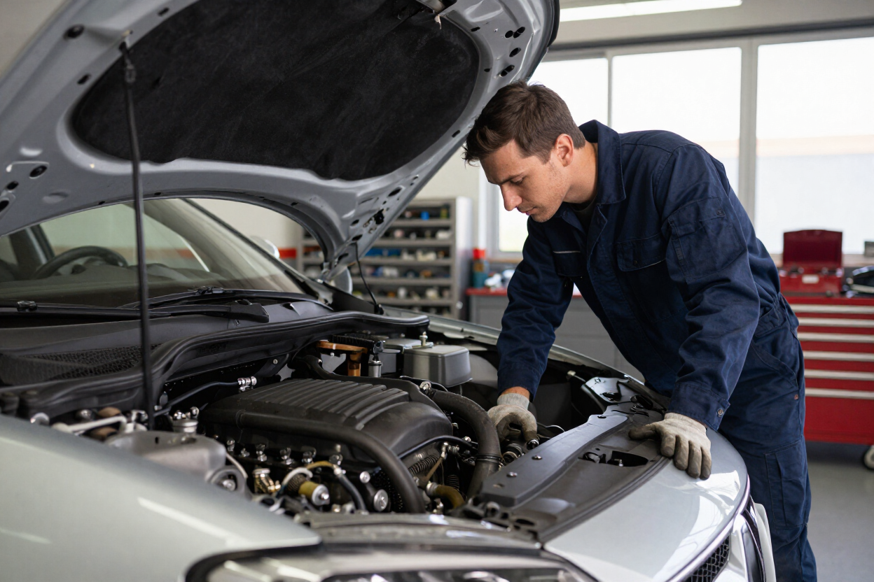 Mechanic in blue coveralls inspects a car engine with the hood open in a repair shop