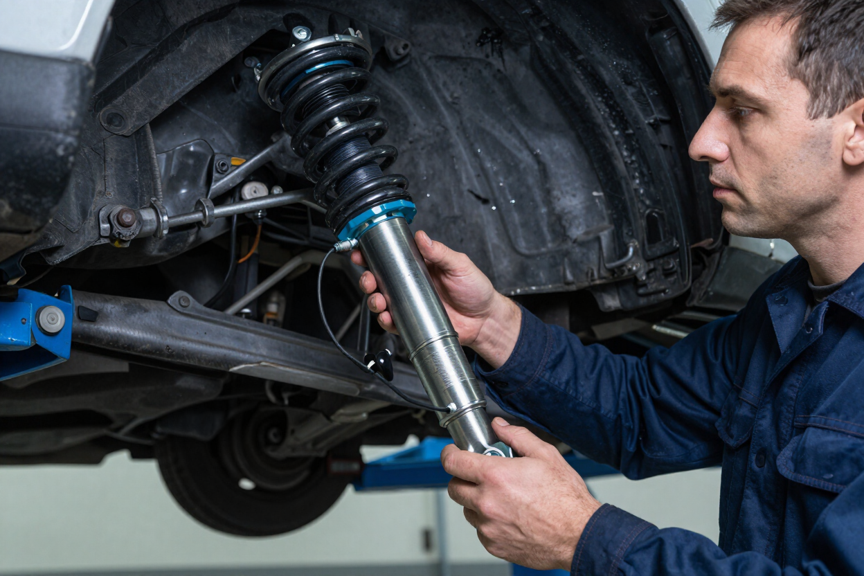 Mechanic inspecting a car’s suspension and shock absorber in a garage