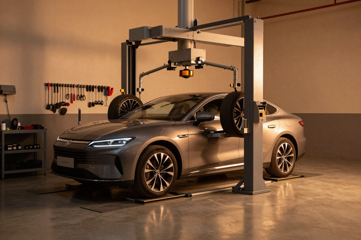 Gray sedan in a workshop under a vehicle lift, with tools and equipment around it.